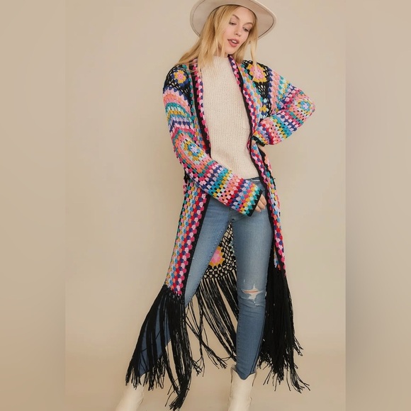 Sweet Generis M/L Black Multi Crochet Fringe Cardigan Grannycore Cottagecore - Picture 2 of 3